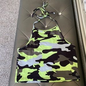 Store:Rainbow: Camo Green and Black Halter Cropped Tank Top